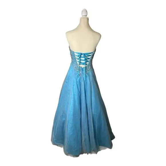 Davids Bridal Beaded Strapless Blue Dress Prom Flower Girl Gown Corset Tulle 0 - Picture 7 of 12